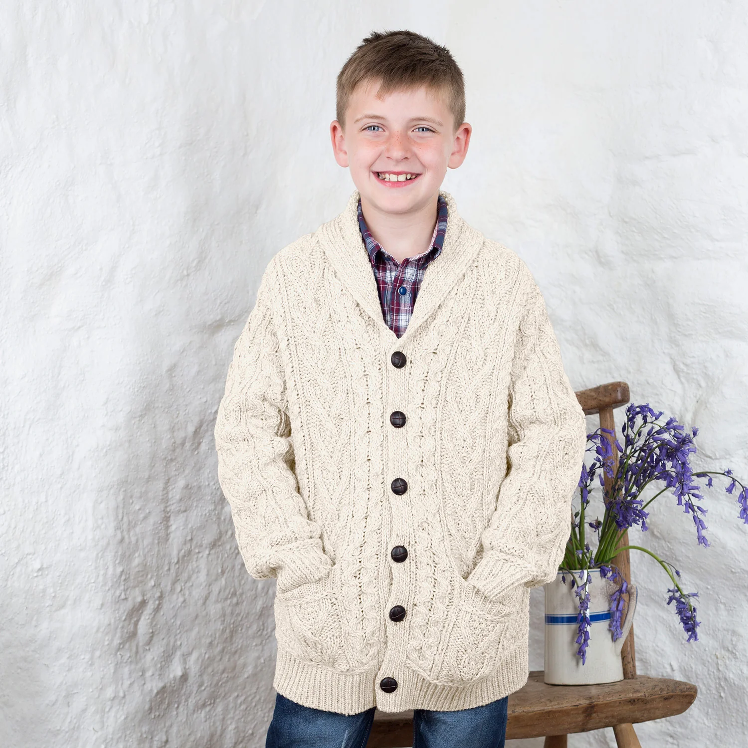 Boys Aran Shawl Collar Button Cardigan - Image 3