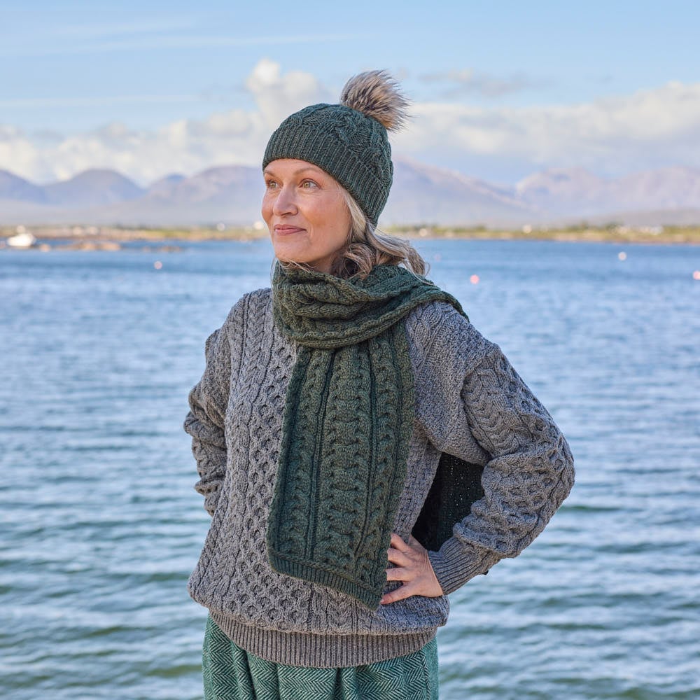 Green Aran Cable Knit Scarf