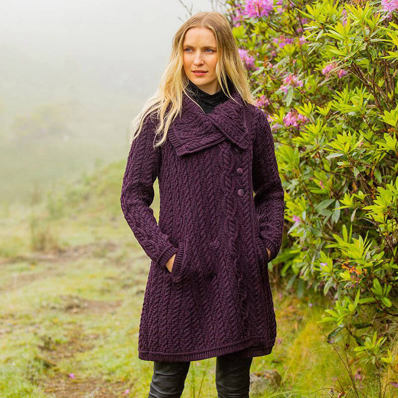 Ladies Aran Wide Collared Button Coat - Image 3