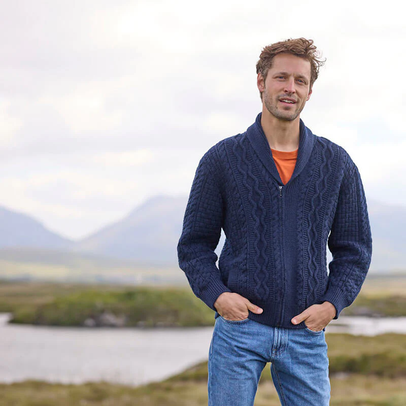 Men's Aran Shawl Collar Zip Cardigan - Image 5