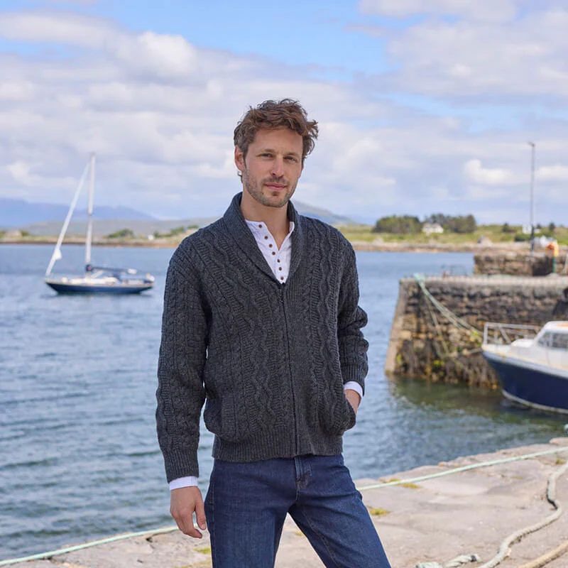 Men's Aran Shawl Collar Zip Cardigan - Image 6
