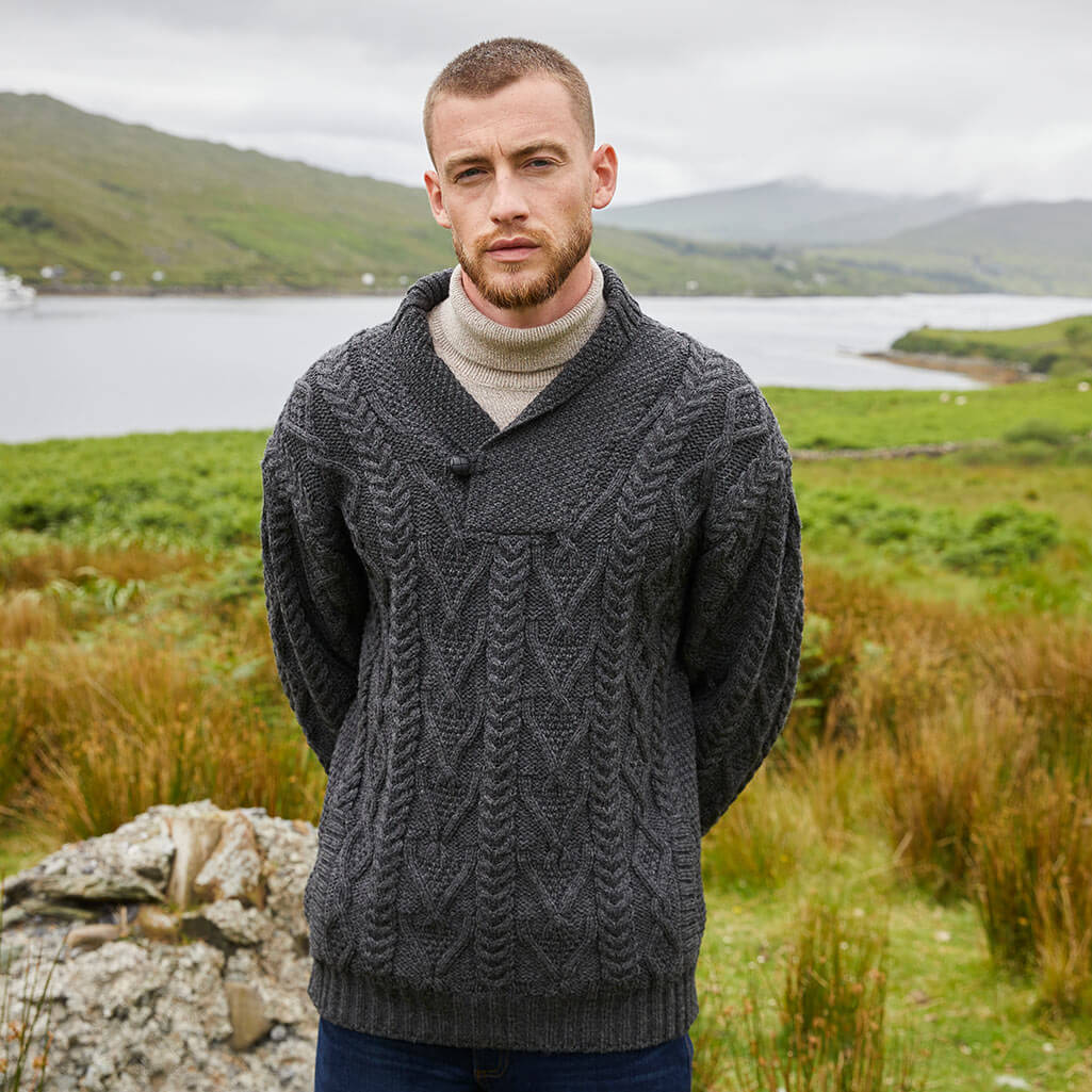 Men's Classic V-Neck One Button Aran Sweater - Image 4