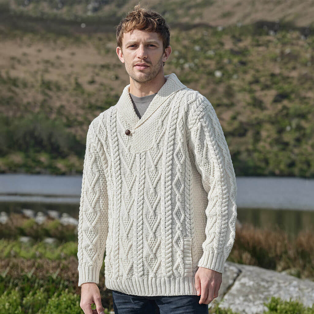 Men's Classic V-Neck One Button Aran Sweater - Image 5