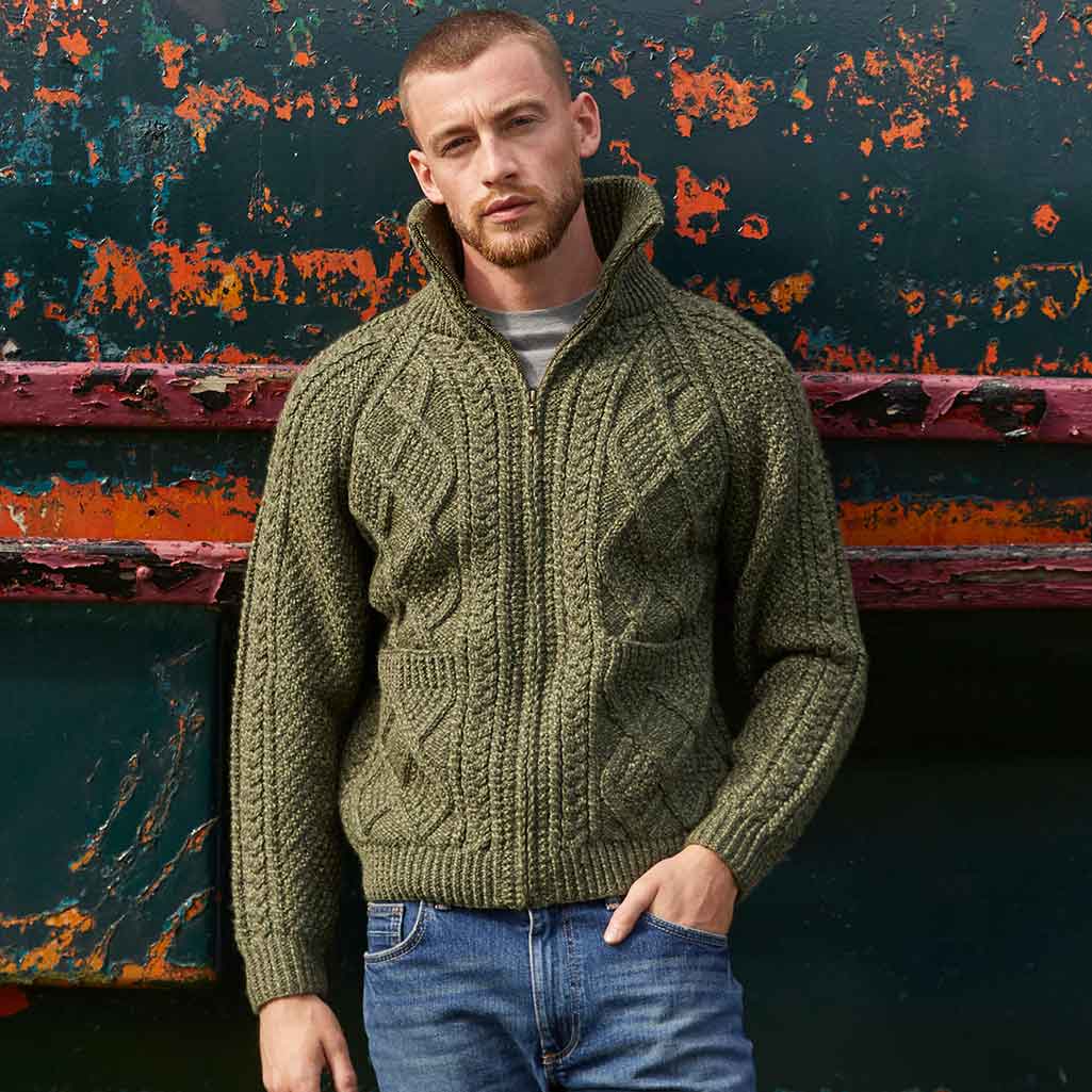 Men's Hand Knit Aran Zipper Cardigan - Image 3