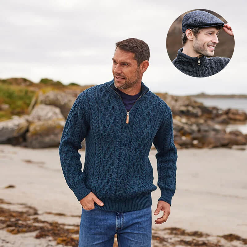 Men's Irish Heritage Set: Signature Half Zip Wool Sweater & Plaid Flat Cap - Image 2