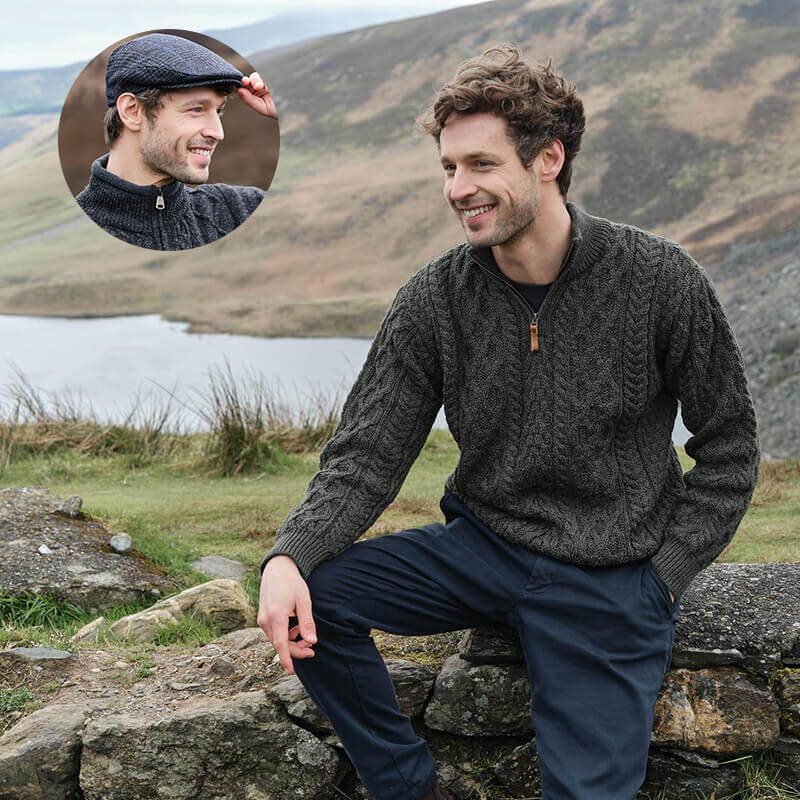 Men's Irish Heritage Set: Signature Half Zip Wool Sweater & Plaid Flat Cap - Image 4