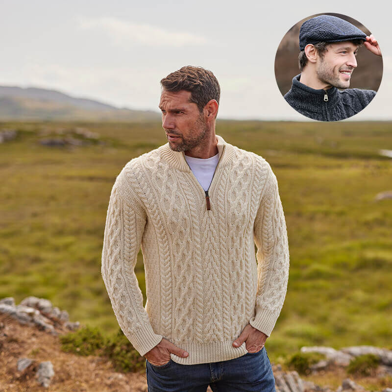 Men's Irish Heritage Set: Signature Half Zip Wool Sweater & Plaid Flat Cap - Image 5