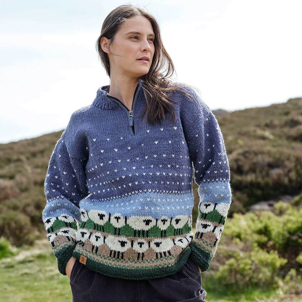 Women's Half- Zip Hand-Knit Wool Sheep Sweater