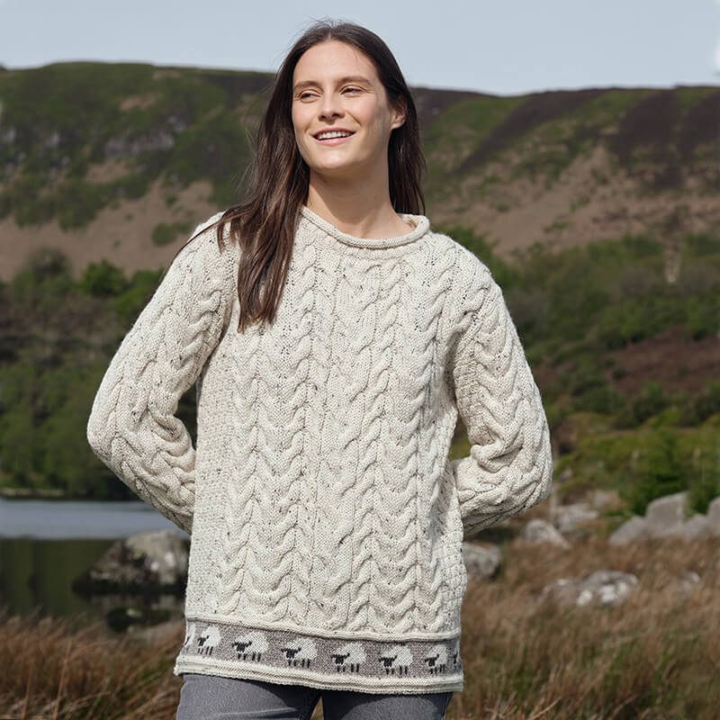 Women's Sheep Trim Aran Tunic Wool Sweater